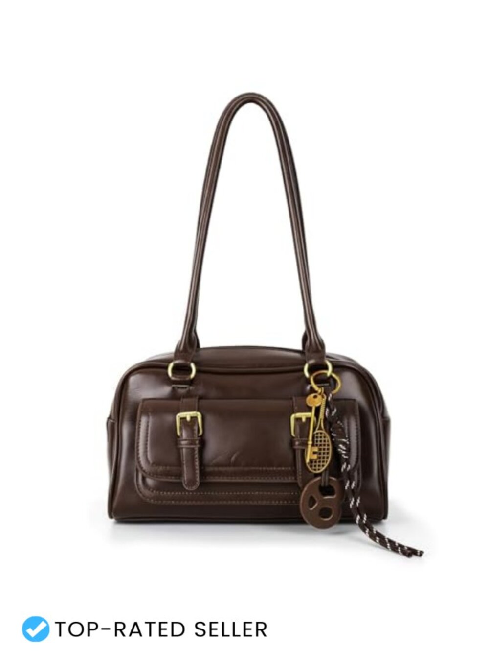 Vintage PU Leather Bowler Shoulder Bag Y2K Purse with Pendant for Women